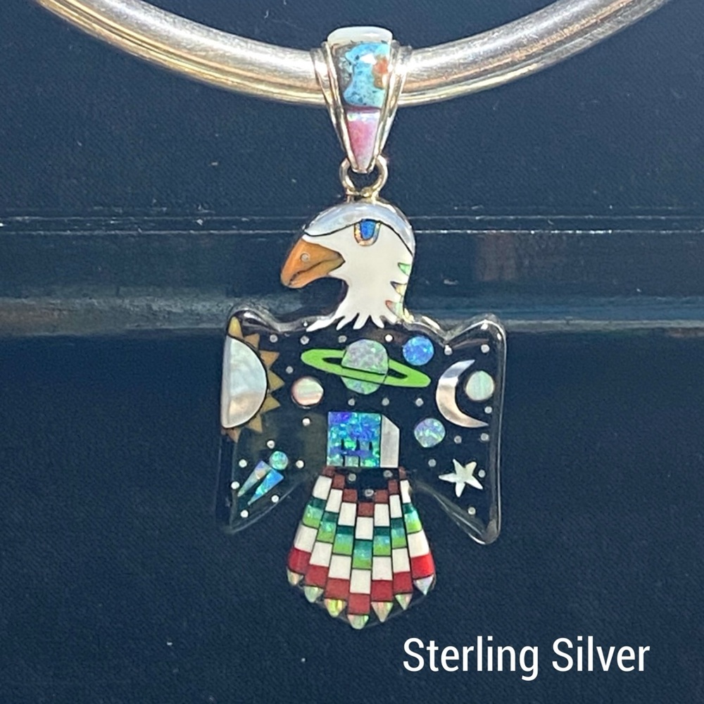 Signed SM-Eagle Galaxy Mosaic Night Sky Multi Inlay Sterling Silver Pendant